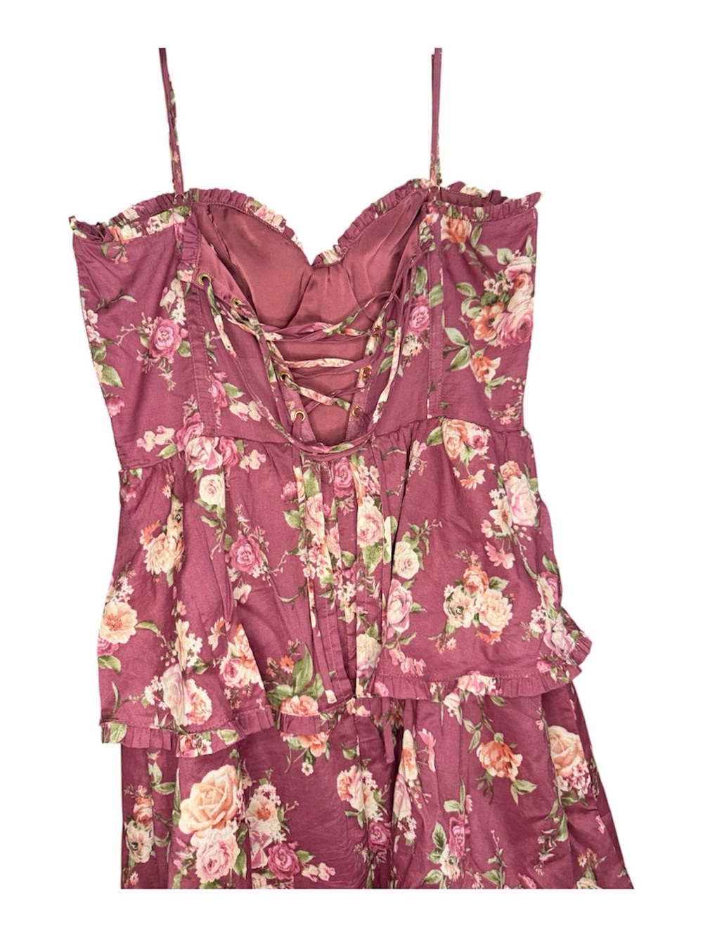 Altar'd State Floral Corset Back Busier Tiered Ruffle Maxi Dress Plum Size S - Picture 5 of 6